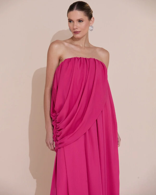 Vestido de Festa Longo Tomara Que Caia Crepe Chiffon Drapeado Pink Escuro