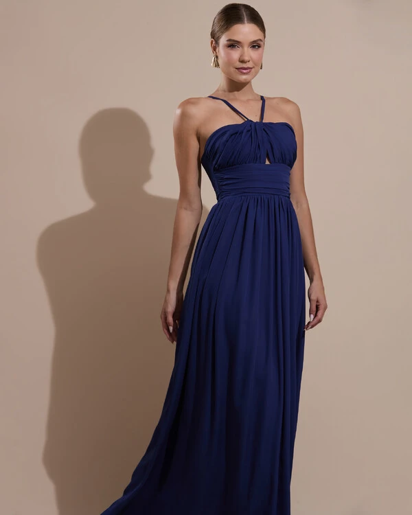 Vestido de Festa Longo Crepe Chiffon Drapeado com Alças Finas Azul Marinho