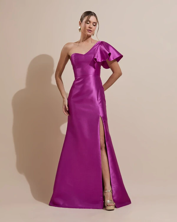 Vestido de Festa Longo um Ombro Tomara que Caia Zibeline Fúcsia
