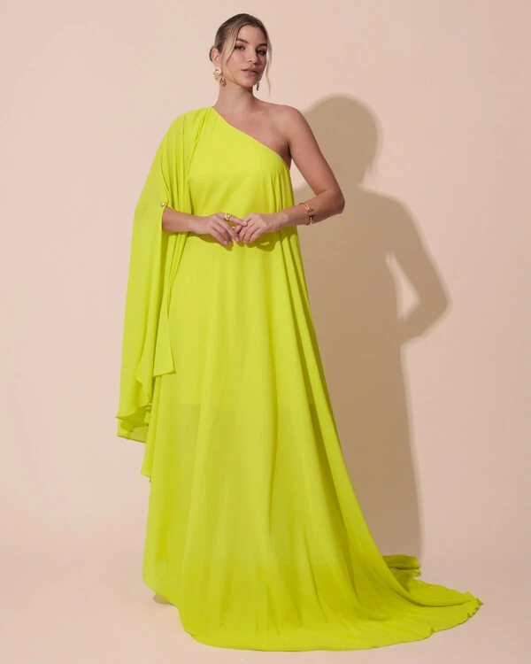 Vestido de Festa um Ombro com Capa Crepe Fluido Verde Lima