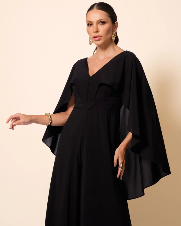 Macacão de Festa Longo Crepe Chiffon com Capa Preto