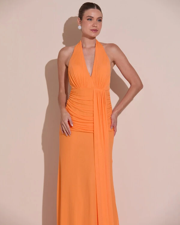 Vestido de Festa Longo Frente Única Decote V Tule Drapeado Faixa Laranja New