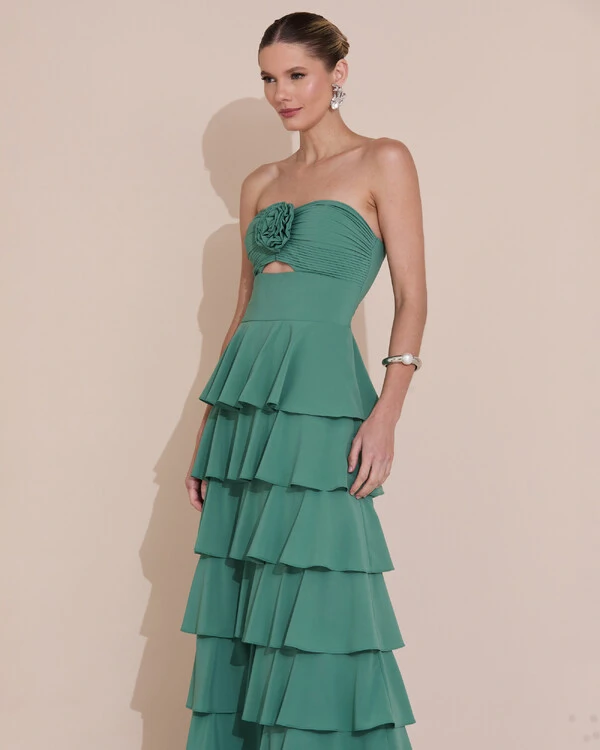 Vestido de Festa Longo Crepe Chiffon Tomara que Caia Plissado Flor Camadas Verde Matcha Escuro