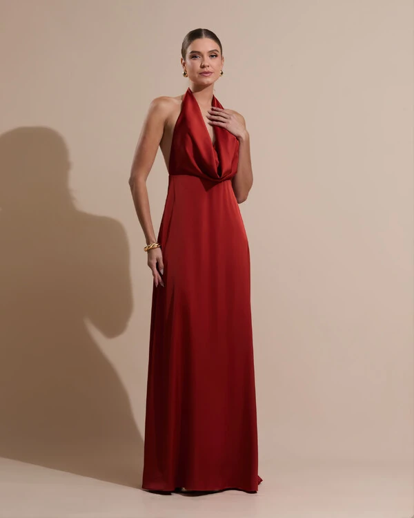 Vestido de Festa Longo Frente Única Degagê Cetim Fluido Terracota