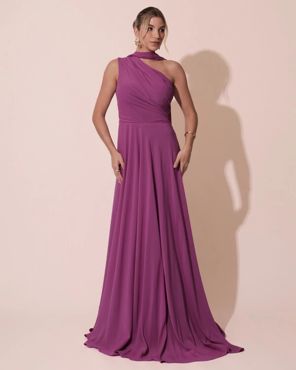 Vestido de Festa Longo Crepe Chiffon Um Ombro Só Drapeado com Lenço Fúcsia