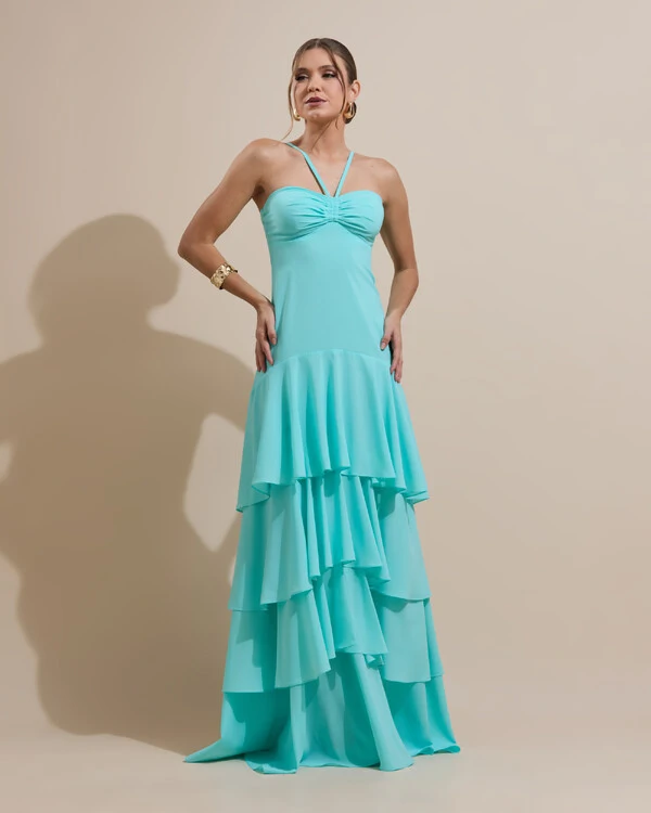Vestido Longo Crepe com Babado em Camadas Tiffany