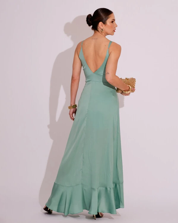Vestido Midi Babado Acetinado Verde Menta