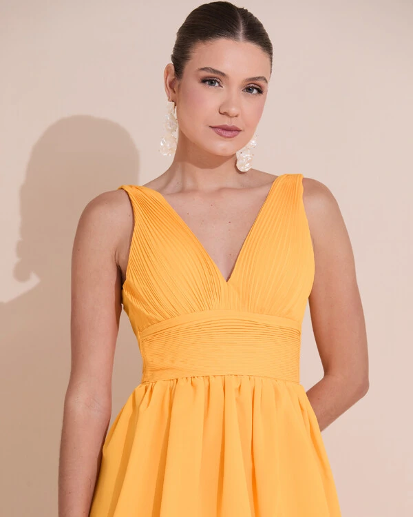 Vestido de Festa Longo Decote V Crepe Chiffon Plissado Camadas Babado Laranja Manga New