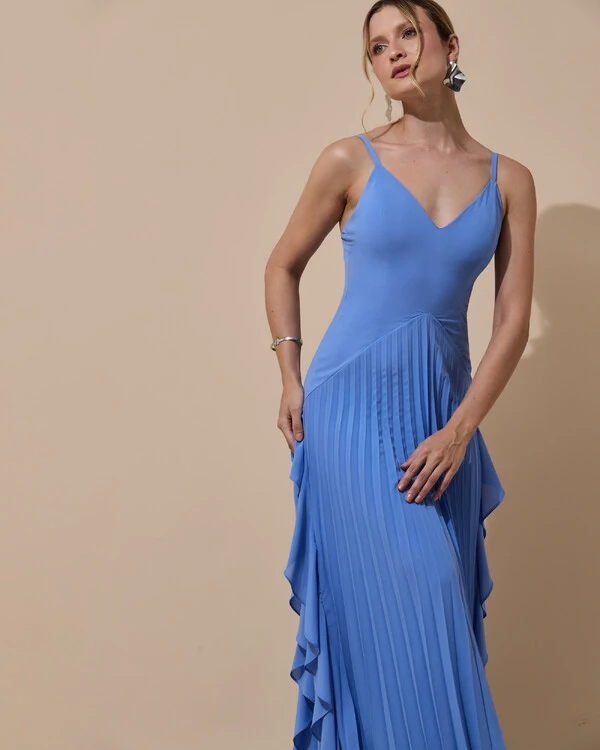 Vestido de Festa Longo Crepe Chiffon Alça Fina Saia Plissada com Babado Cascata Azul Atlantis