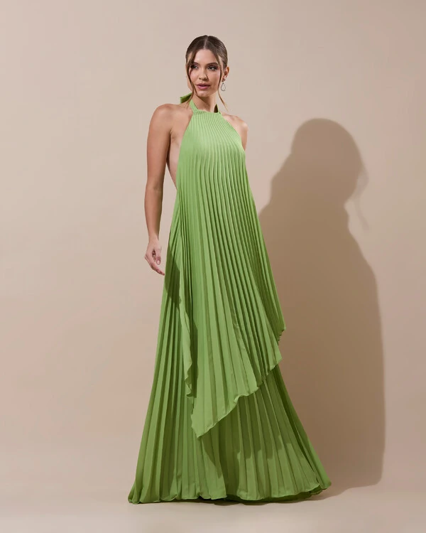 Vestidos de Festa Longo Chiffon Fluido Frente Única Plissado Duplo Verde Garden