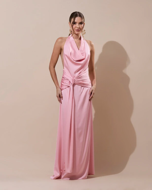 Vestido de Festa Longo Cetim Frente Única Degagê com Faixa Drapeada Rose Gold