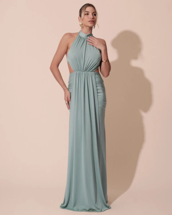 Vestido de Festa Longo Malha Jersey Gola Alta Saia Sereia Verde Menta