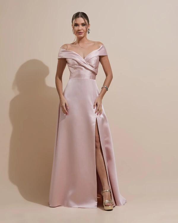 Vestido de Festa Longo Zibeline Ombro a Ombro com Fenda Rosa Nude