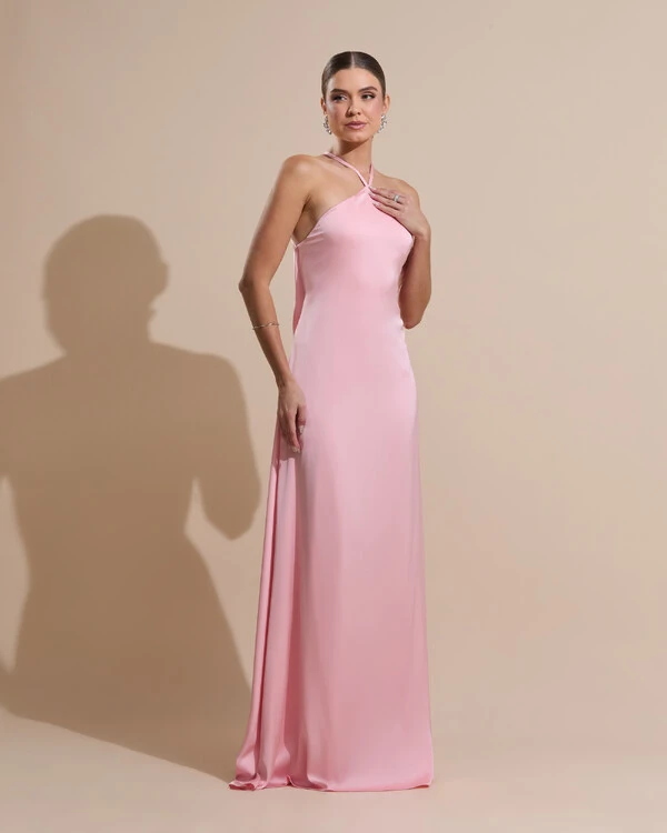 Vestido Longo de Cetim com Decote Triangular e Amarração nas Costas Degagê Rose Gold