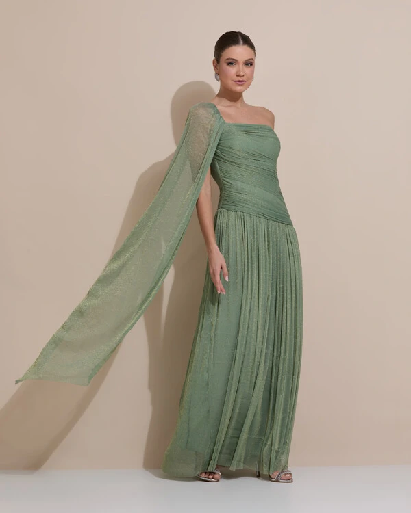 Vestido de Festa Longo Um ombro Só Tule Brilho Drapeado Capa Verde Oliva
