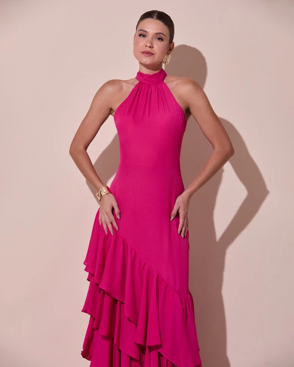 Vestido de Festa Longo Chiffon Crepe Gola Alta Babados Pink Escuro