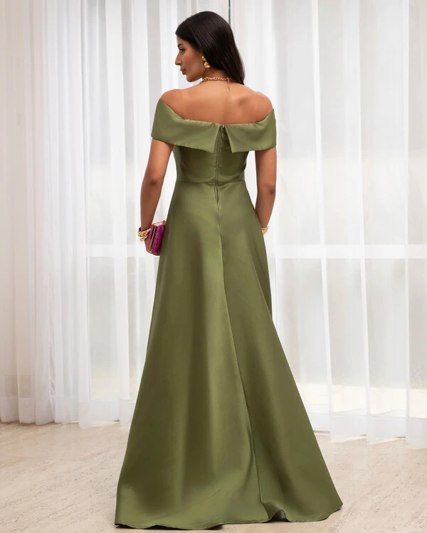Vestido de Festa Longo Ombro a Ombro Laço Zibeline com Fenda Verde Oliva