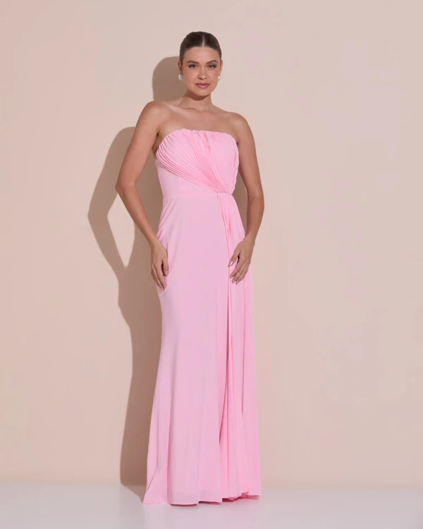 Vestido de Festa Longo Tomara Que Caia Crepe Chiffon Plissado Lenço Rosa Claro