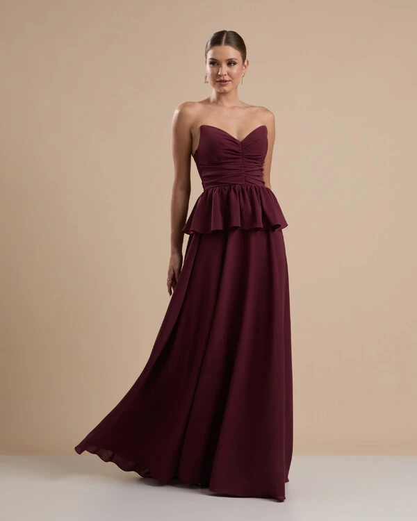 Vestido de Festa Longo Crepe Chiffon Tomara que Caia Peplum Drapeado Marsala