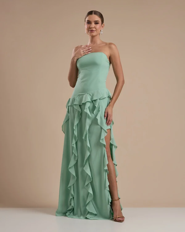 Vestido de festa Longo Tomara que Caia Crepe Chiffon com Bababos Cascata e Fenda Verde Menta