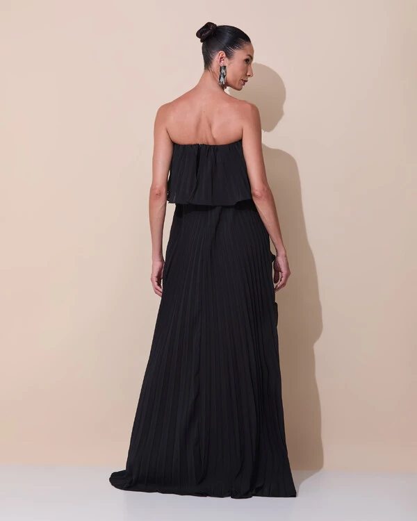 Vestido de Festa Longo Crepe Chiffon Tomara que Caia Plissado com Babado Cascata Preto