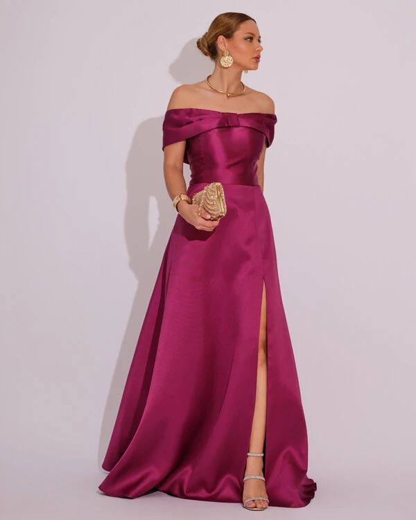 Vestido de Festa Longo Ombro a Ombro Laço Zibeline com Fenda Fúcsia
