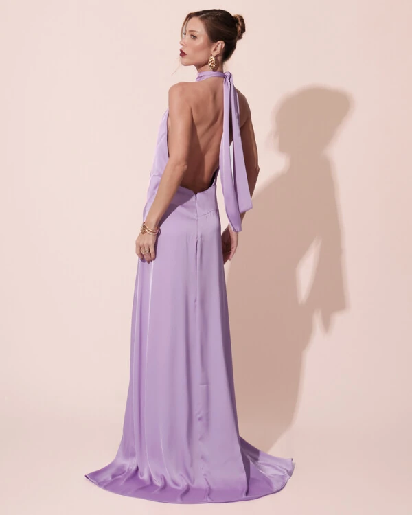 Vestido Longo de Festa Cetim Fluido Gola Alta e Babado Cascata Lilás