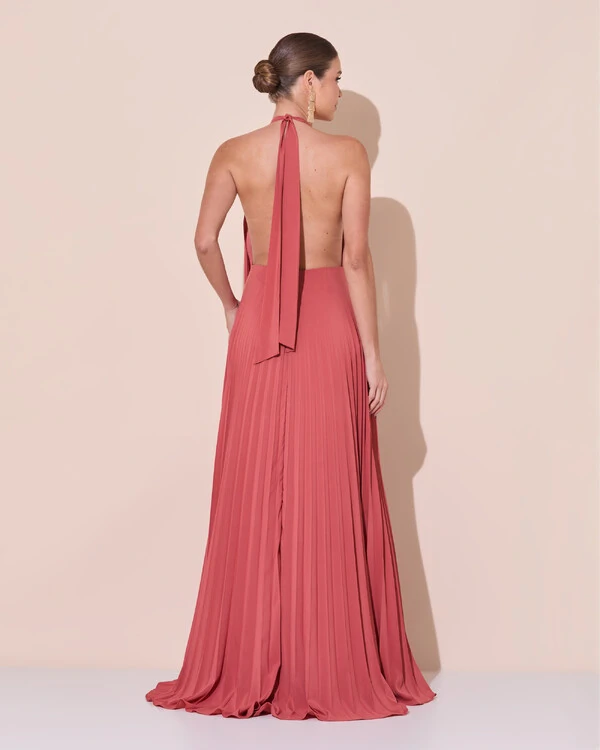 Vestidos de Festa Longo Chiffon Fluido Frente Única Plissado Duplo Terracota