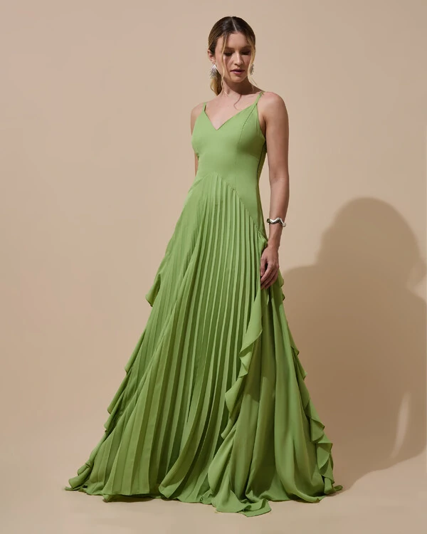 Vestido de Festa Longo Crepe Chiffon Alça Fina Saia Plissada com Babado Cascata Verde Garden