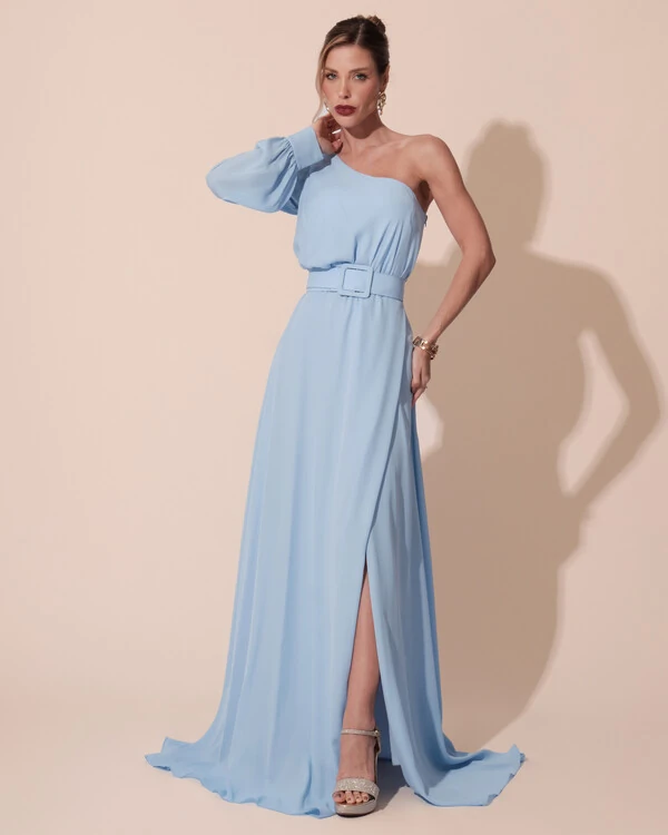 Vestido de Festa Longo um Ombro Só Manga Longa com Cinto Azul Serenity
