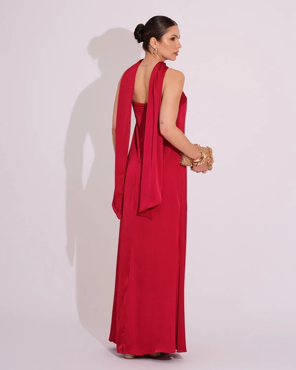 Vestido Longo de Festa Tomara que Caia Cetim com Lenço Marsala