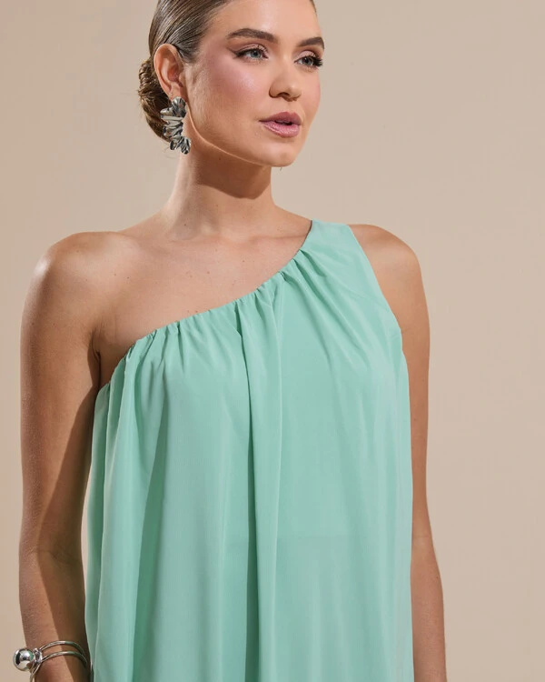 Vestido de Festa Longo Crepe Fluido um Ombro Só com Lenço Verde Menta