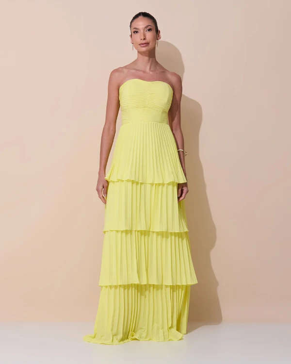 Vestido de Festa Longo Tomara que Caia Crepe Chiffon Plissado Camadas Amarelo Manteiga