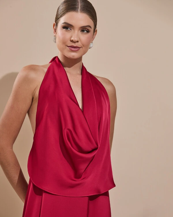 Vestido de Festa Longo Cetim Fluido Frente Única Degagê Mil Formas Marsala