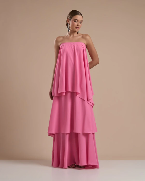Vestido de Festa Longo Chiffon Crepe em Camadas com Lenço Rosa