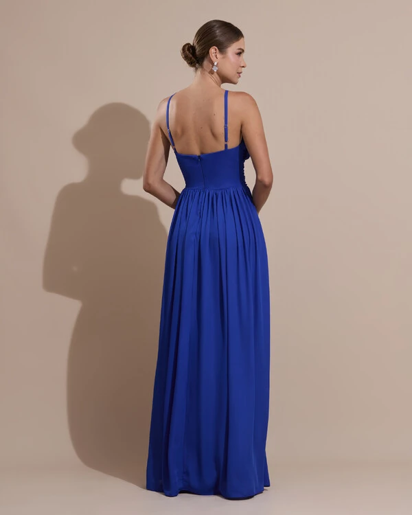 Vestido de Festa Longo Crepe Chiffon Drapeado com Alças Finas Azul Royal