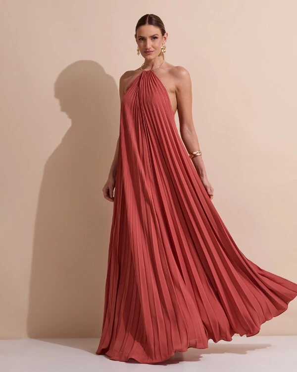 Vestido de Festa Longo Frente Única Plissado Crepe Chiffon Argola Terracota