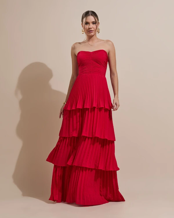 Vestido de Festa Longo Tomara que Caia Crepe Chiffon Plissado Camadas Vermelho