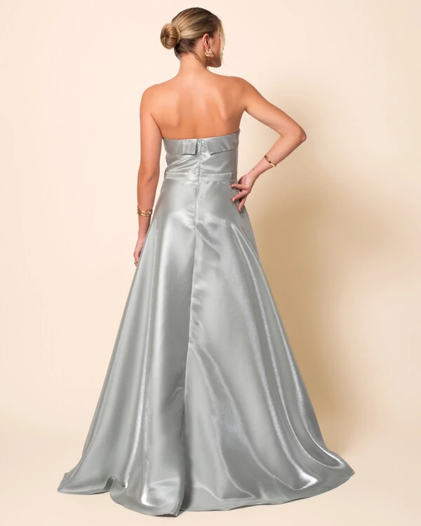 Vestido de Festa Longo Cetim Cristal Tomara que Caia Detalhe Verde Menta