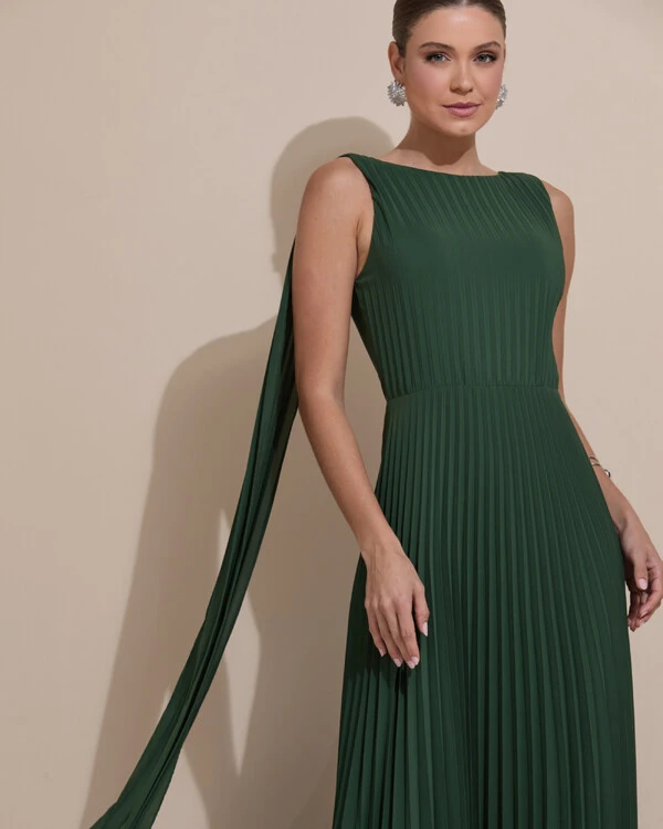 Vestido de Festa Longo Crepe Chiffon Plissado com Lenço nas Alças Verde Escuro New