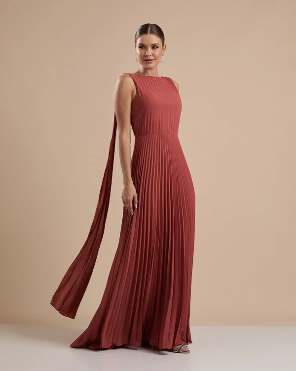 Vestido de Festa Longo Crepe Chiffon Plissado com Lenço nas Alças Terracota