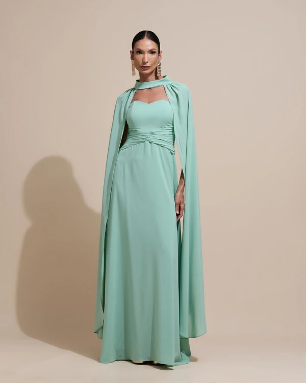 Vestido de Festa Longo Tomara Que Caia Crepe Chiffon Drapeado Capa Verde Menta