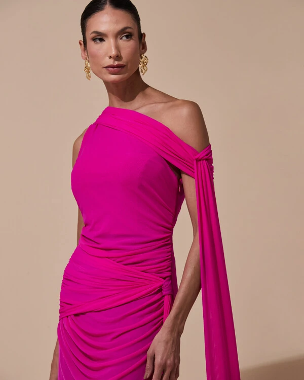 Vestido de Festa Longo Um Ombro Só Tule Faixa Drapeada Lenço Pink
