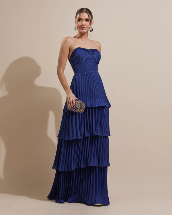 Vestido de Festa Longo Tomara que Caia Crepe Chiffon Plissado Camadas Azul Marinho