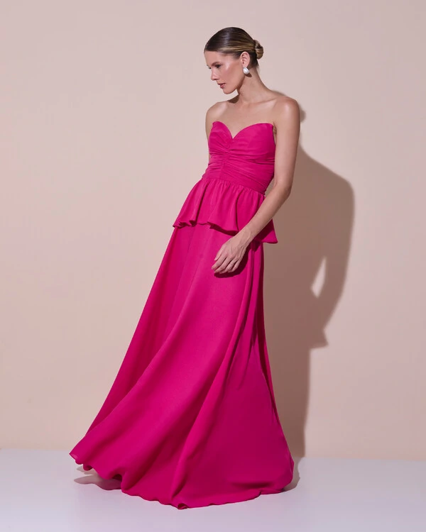 Vestido de Festa Longo Crepe Chiffon Tomara que Caia Peplum Drapeado Pink Escuro