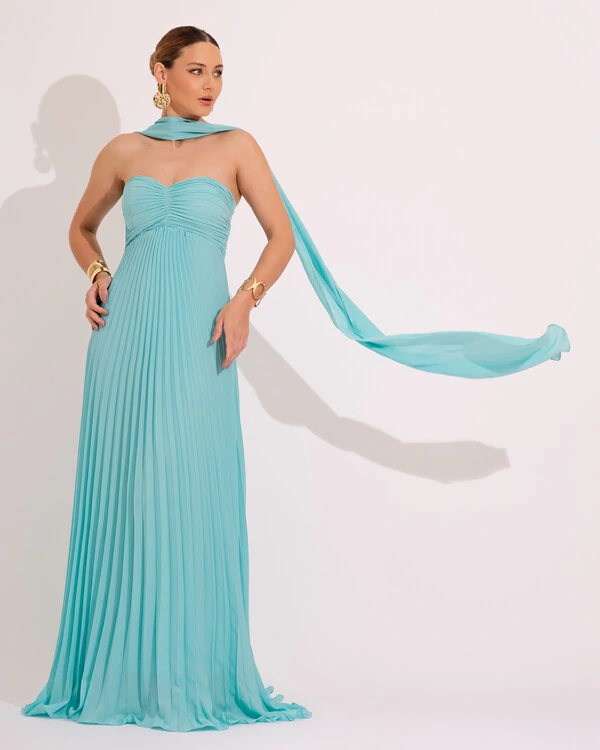 Vestido de Festa Longo Tomara que Caia Plissado com Lenço Verde Tiffany