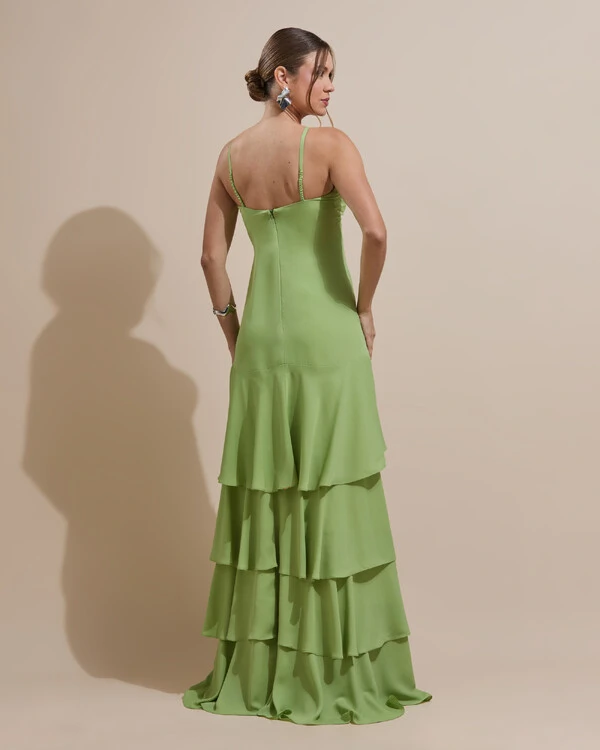 Vestido Longo Crepe com Babado em Camadas Verde Garden
