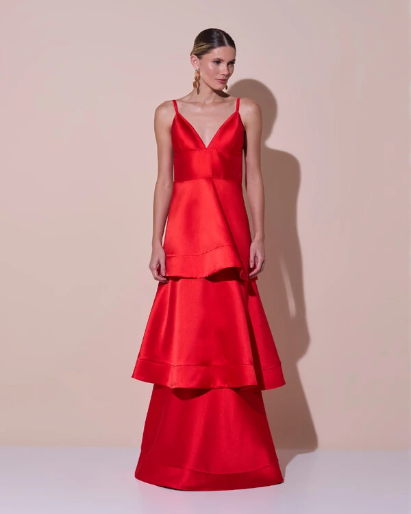 Vestido de Festa Longo Zibeline em Camadas Decote em V com Alças Vermelho New
