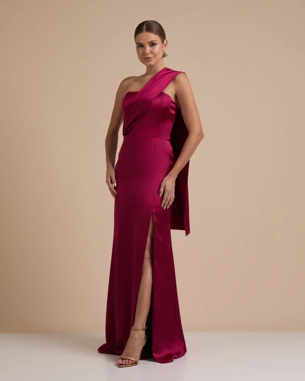 Vestido de Festa Longo Cetim Alfaiataria Tomara que Caia com Faixa Lenço Beterraba