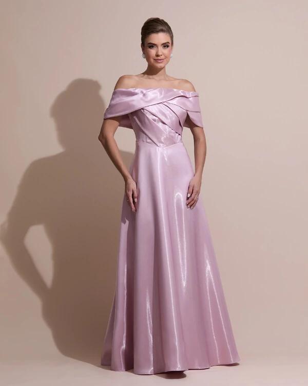 Vestido de Festa Longo Cetim Cristal Ombro a Ombro Drapeado Rosa